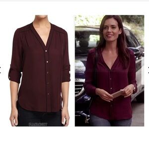 Vince Silk Blouse Button Down Piping Chiffon Long Sleeve Burgundy XS Preppy Chic